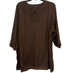 Avenue Brown 100% Linen Beaded Embroidered Popover Tunic Top 22/24 Boho